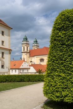 Baroque church of the Assumption of the Virgin Mary at Freedom Square at sunny summer day, UNESCO world heritage, popular travel destination