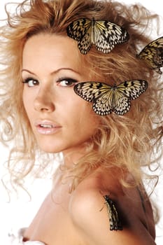 woman and butterfly on white