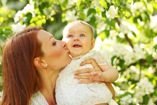 Mother and daughter close up portrait on flower background