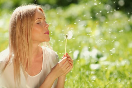 girl blowing on a dandelion lying on the grass
