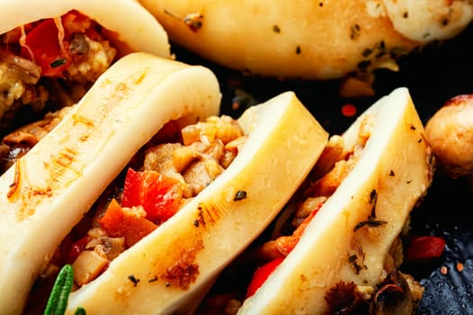 Baked stuffed squids with mushrooms. Stuffed calamari.