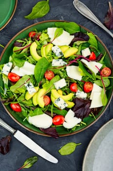 Salad with lettuce, greens, avocado, tomatoes and mix cheeses. Low calorie foods