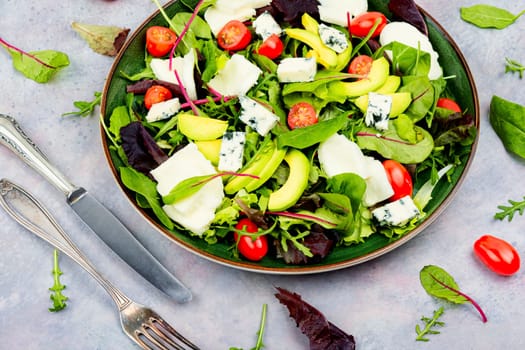 Salad with lettuce, greens, avocado, tomatoes and mix cheeses. Low calorie foods
