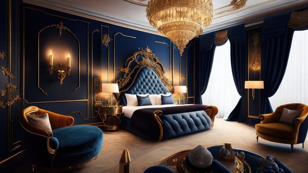 3d rendering luxury classic bedroom suite in royal style with blue curtains
