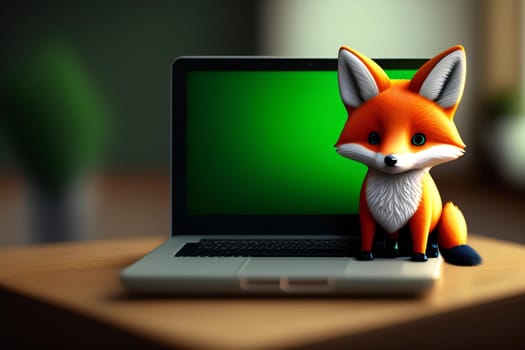 Cute little fox sitting on a laptop with a green screen. 3d render