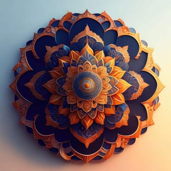 3D illustration of a mandala in orange and blue colors.