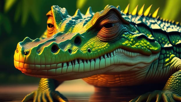 3D render of a fantasy crocodile with green skin and big eyes