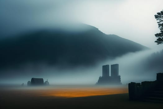 Silhouette of the ruins of an ancient building in the fog