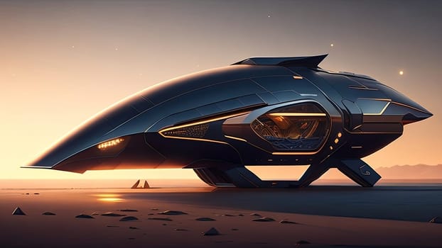 3D rendering of a space ship in the sea at sunset.