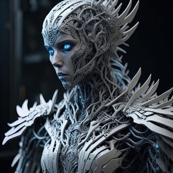 3D rendering of a female fantasy warrior with white skin and blue eyes. ai generated