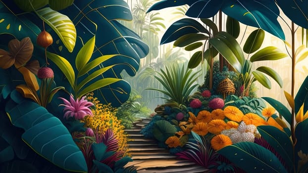 3d illustration of tropical jungle with stairway leading to the jungle