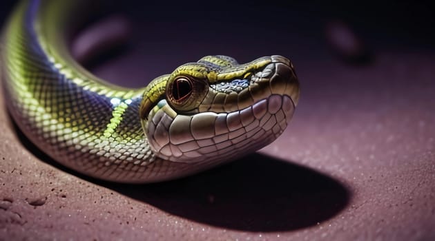 Close-up of a snake on a dark background. Reptile. 3d render
