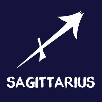 Hand drawn Zodiak signs. White Sagittarius zodiac icons on a blue background. Astrological symbols of the zodiac