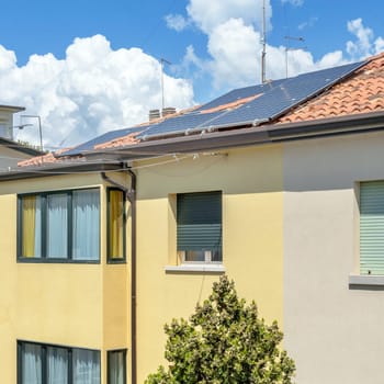 Solar photovoltaic panel at a roof. Solar energy house company concept image.