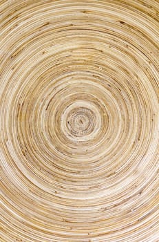 Top view closeup of brown slice of freshly cut wood texture with dense concentric growth rings.