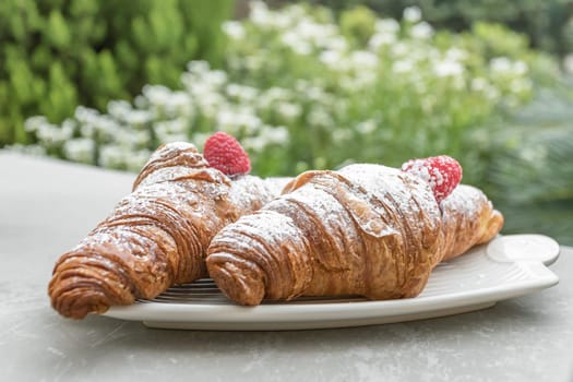 Croissants with jam and berries for Breakfast. Behind, a defocus background.