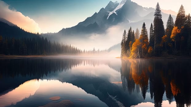 Beautiful mountain landscape with lake and reflection in water. generative ai