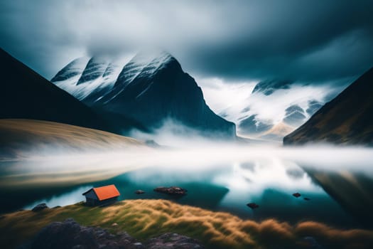 Beautiful landscape with mountains and lake at sunset. 3d rendering