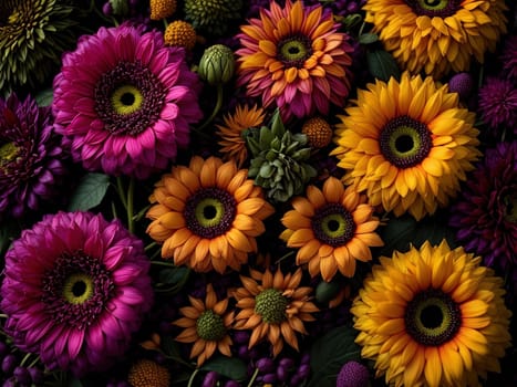 Colorful autumn flowers as background, top view. Floral pattern. generative ai
