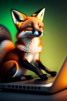 Cute fox with a laptop on the table. 3d render