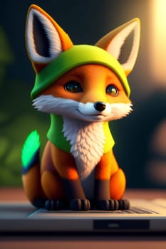 Cute little fox sitting on a laptop computer, 3d illustration