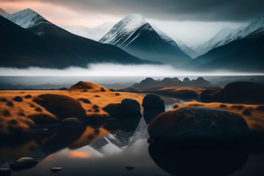 Beautiful landscape with mountains and lake at sunset. 3d rendering