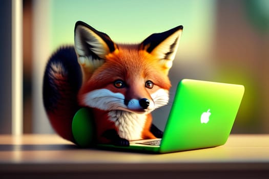 Cute fox with laptop on green background. 3D rendering.