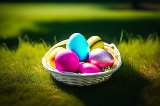 Colorful easter eggs on green grass with sun flare background