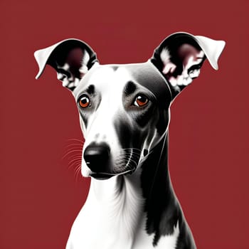 Digital composite of Portrait of Whippet dog against red background. 3d render
