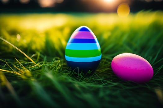 Colorful easter eggs on green grass with sun flare background