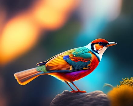 Colorful bird on a background of blurred nature. Collage.