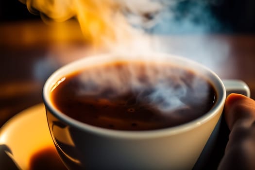 Cup of coffee with smoke on wooden table. Selective focus. 3d render