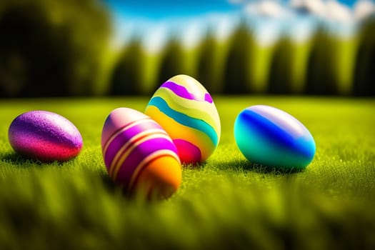 Colorful easter eggs on green grass with sun flare background