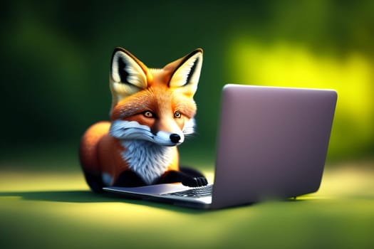 Cute fox with laptop on green background. 3D rendering.