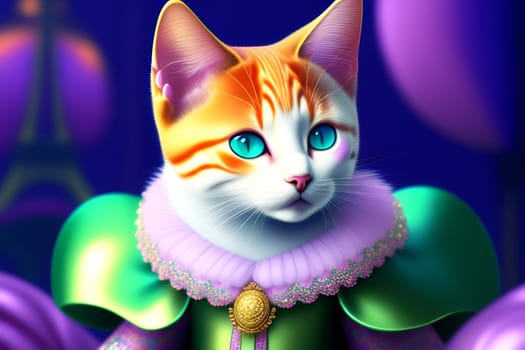 Portrait adorable anthropomorphic kitten as Marie Antoinette wearing chic French outfit