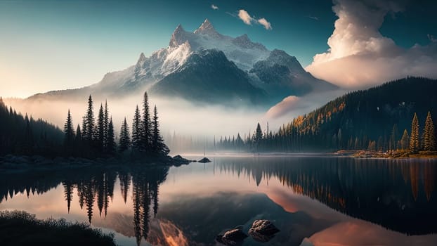 Panoramic view of beautiful lake in the mountains at sunrise.