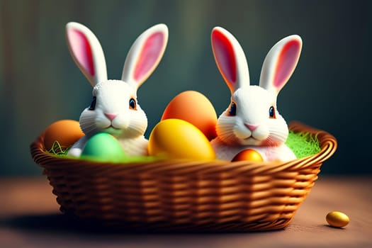 Easter bunny and eggs in a basket on a wooden background. 3d render