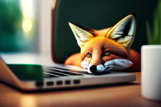 Cute fox with laptop on green background. 3D rendering.