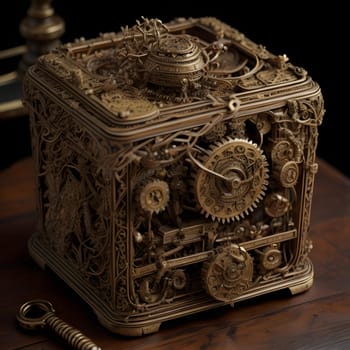 Antique clock mechanism on a wooden table. Close-up. ai generated