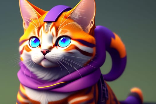 Funny cat with blue eyes in a purple scarf. 3d rendering
