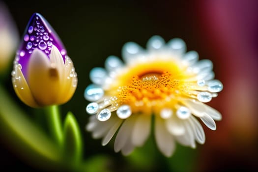 Macro close-up of a flower in bloom with dew drops. generative ai