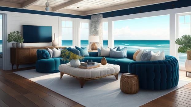 interior of the living room. 3D illustration with blue sofa