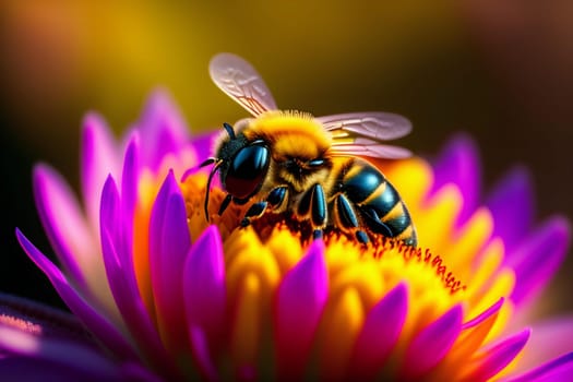 Macro shot of a bee collecting pollen from a flower. generative ai