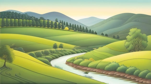 Rural landscape. Green hills, meadows and river. Vector illustration.