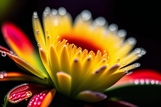 Macro close-up of a flower in bloom with dew drops. generative ai
