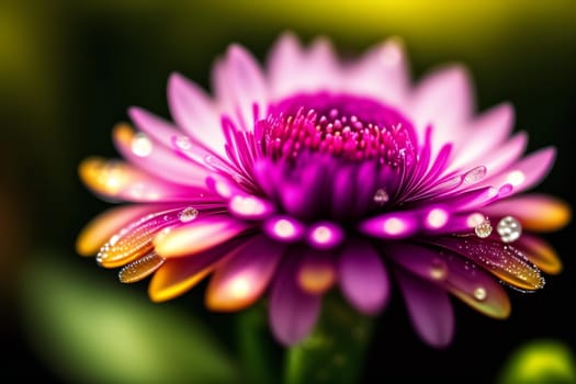 Macro close-up of a flower in bloom with dew drops. generative ai
