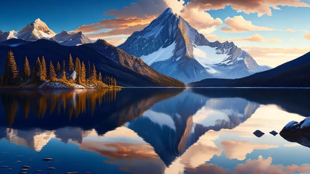 Mountain lake with reflection of snow-capped peaks and pine forest. 3d render. AI generated.