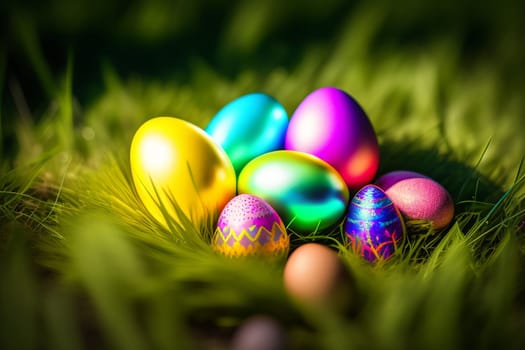 Colorful easter eggs on green grass with sun flare background