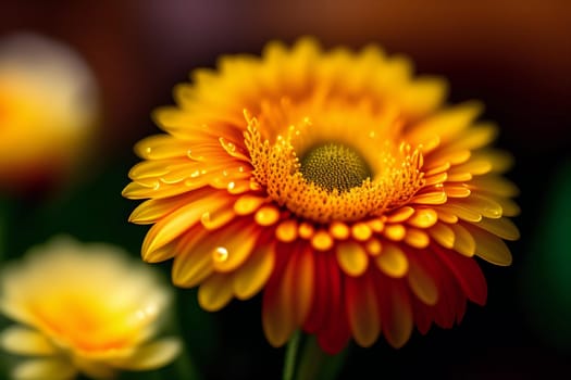 Macro close-up of a flower in bloom with dew drops. generative ai