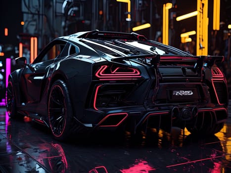 a brand-less generic concept car in neon light. generative ai